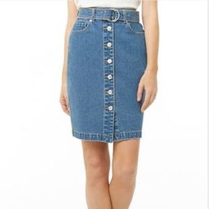 Belted Button-Front Denim Skirt